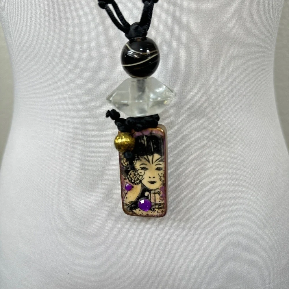 Upcycled Asian Japanese Domino Black Gold Artisan Resin Beaded Necklace